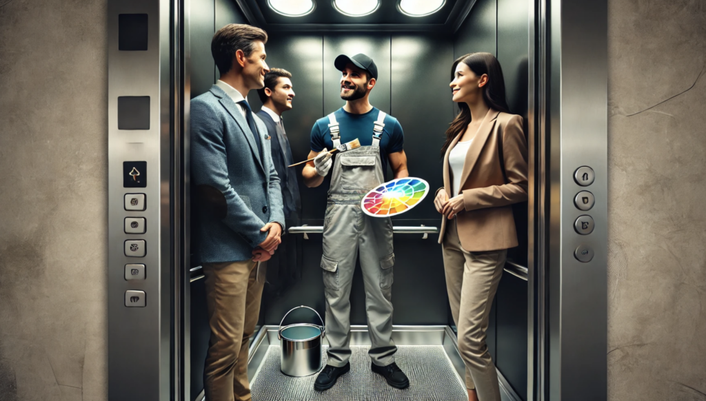  Inside a modern elevator, a house painter in clean overalls is giving an enthusiastic elevator pitch to two potential clients. The painter is holding a small color palette and a paintbrush, explaining their services with a confident expression. The two clients, a man and a woman in business casual attire, are listening attentively, showing interest. The elevator has a sleek metallic interior with mirrors and soft lighting, creating a professional and engaging atmosphere.