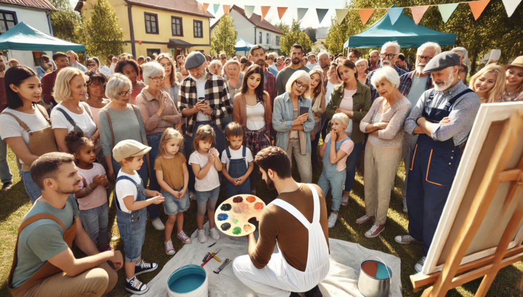 A house painter, dressed in clean overalls, engaging with a group of community members at a lively outdoor event. The painter is demonstrating networking strategies for painters while surrounded by adults and children of diverse backgrounds, all showing interest and asking questions. The event features colorful decorations, tents, and tables in the background, with some attendees holding informational brochures. The setting is sunny with trees and open space, creating a cheerful and inclusive community atmosphere.