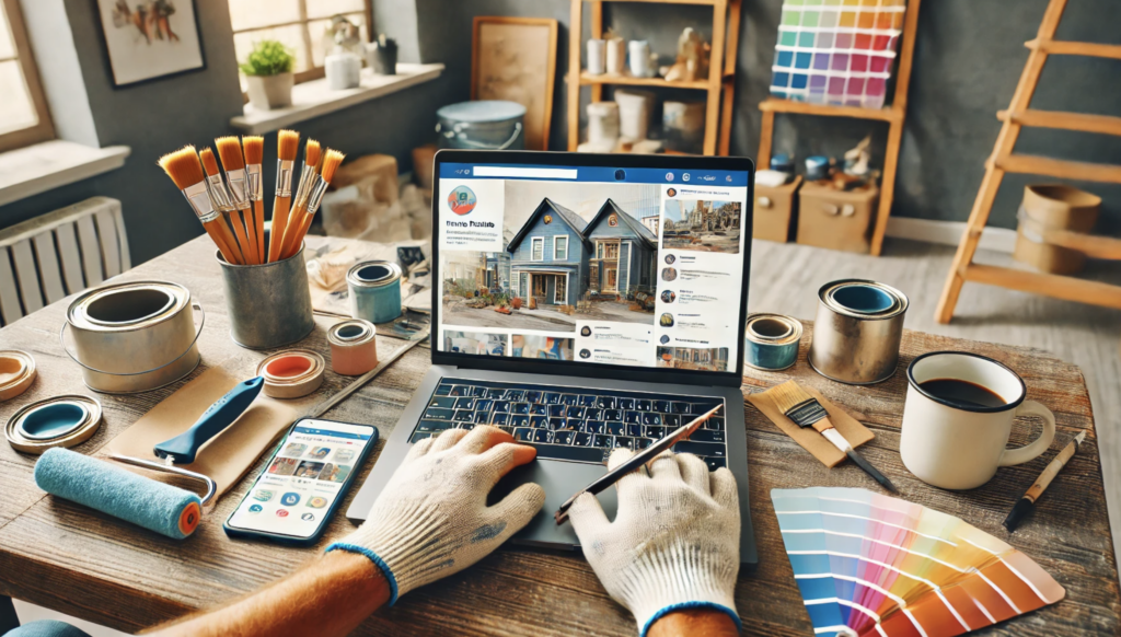 A house painter's point of view (POV) networking online using social media. The scene shows a desk with a laptop displaying a social media platform featuring posts about painting services, color palettes, and before-and-after photos of homes. A smartphone rests nearby, and the painter's gloved hands are typing on the laptop while holding a paintbrush. The desk is organized with a coffee cup, a notebook containing color swatches, and a business card. In the background, a well-lit workspace with shelves of paint cans and tools adds a professional and creative touch.