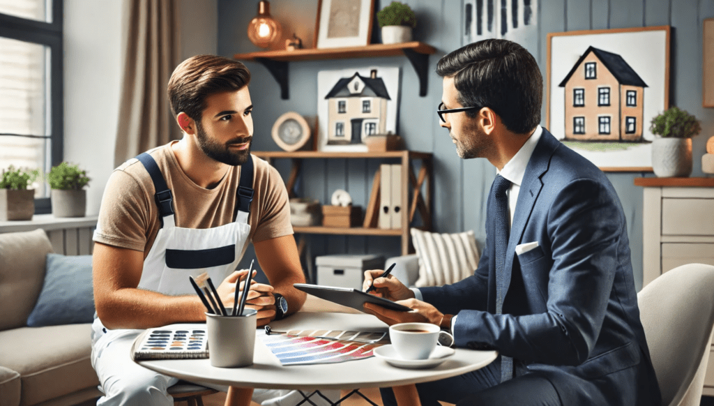 A house painter deploying the networking strategies for painters, dressed in clean overalls, sits at a small round table with a businessman in a suit in a cozy meeting room. They are engaged in a friendly conversation, with the painter showing a portfolio of painted houses and color samples. The businessman listens attentively, holding a pen and notepad. On the table are a coffee cup and a tablet displaying a project plan. The background features soft lighting, a bookshelf, and framed artwork, creating a professional and welcoming atmosphere.