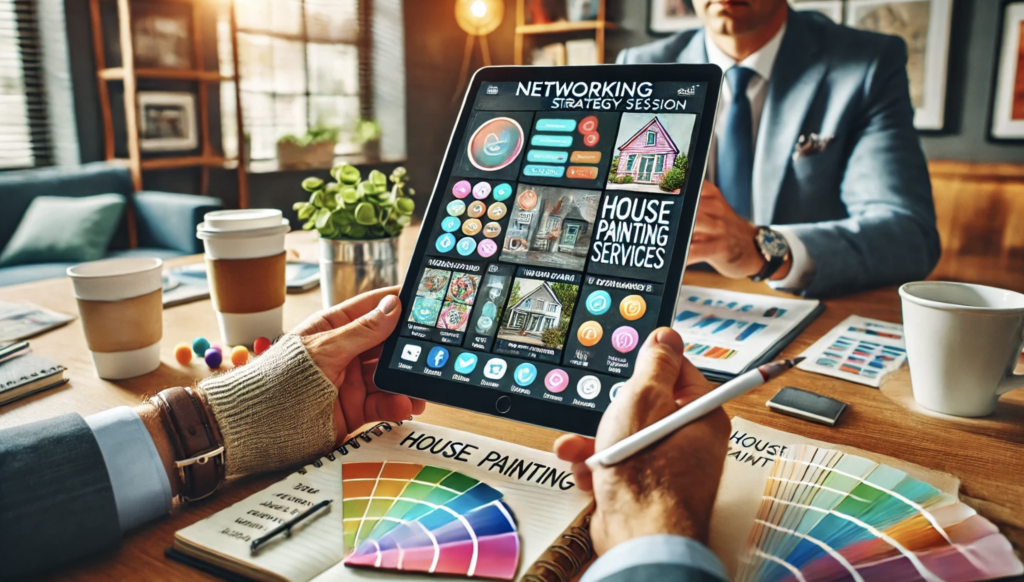 A point of view (POV) shot of a networking strategy session using an iPad. The screen shows colorful icons and visuals related to a creative project, with no text or written content. A gloved hand holds the iPad, while a coffee cup and a notebook with color samples rest on the table. Across the table, a businessman in a suit is visible, actively engaged in the discussion. The background includes soft lighting, a bookshelf, and framed artwork, creating a professional and inviting environment.