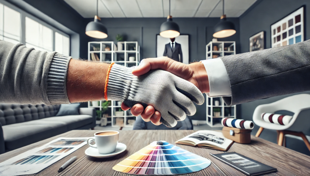 A point of view (POV) shot of a house painter's fully visible arm and gloved hand extended in a handshake with a businessman in a suit, symbolizing a successful networking strategies for painters. The handshake is the central focus, with the painter's arm positioned naturally for proper perspective. On the table in the foreground are a coffee cup, a notebook with color swatches, and a business card. The background shows a professional meeting space with soft lighting, a bookshelf, and framed artwork, creating an inviting and businesslike atmosphere.