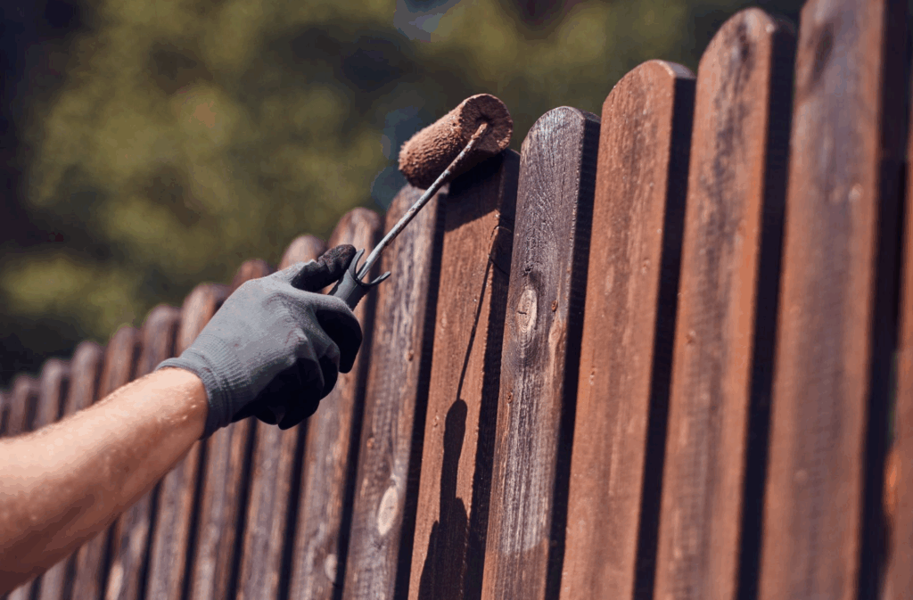Gloved painter staining a timber fence; Painter SEO case study image—Painter SEO plus painter marketing improving local enquiries and painter leads