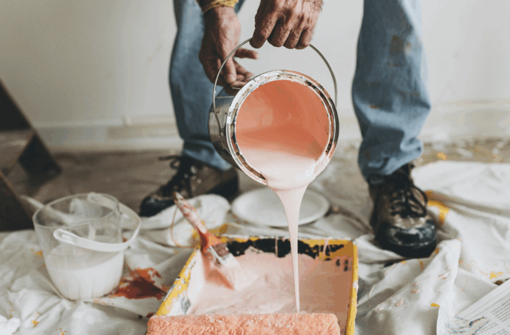 Painter pouring pink paint into tray on job site; Painter SEO project documentation; Painter SEO for UK service pages and painter marketing.